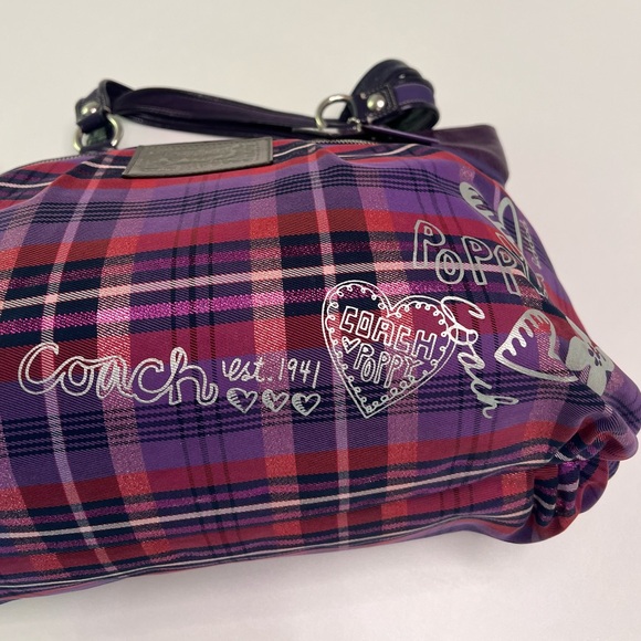 Coach Y2K Poppy Collection Tartan Canvas Purple Plaid Graffiti Tote/Shoulder Bag - Picture 4 of 16